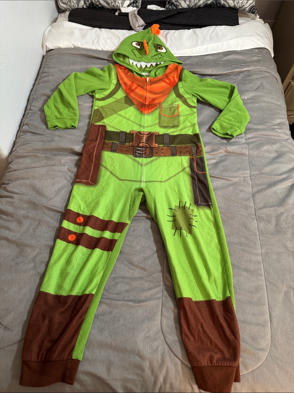 Fortnite Rex Dino Hooded Kids Halloween fleece pajama Costume Sz M 10/12